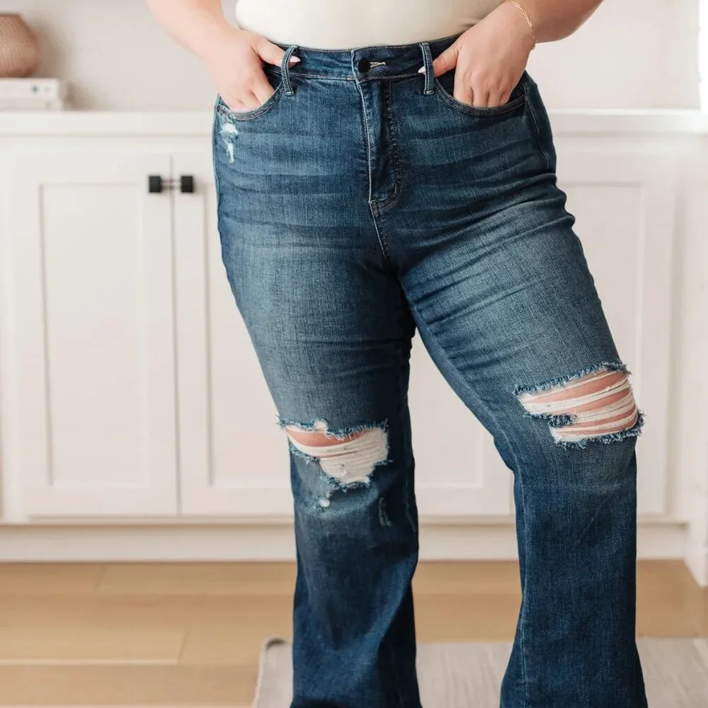 Cassandra High Rise Control Top Distressed Flare Jeans by Judy Blue - Picture 3 of 10